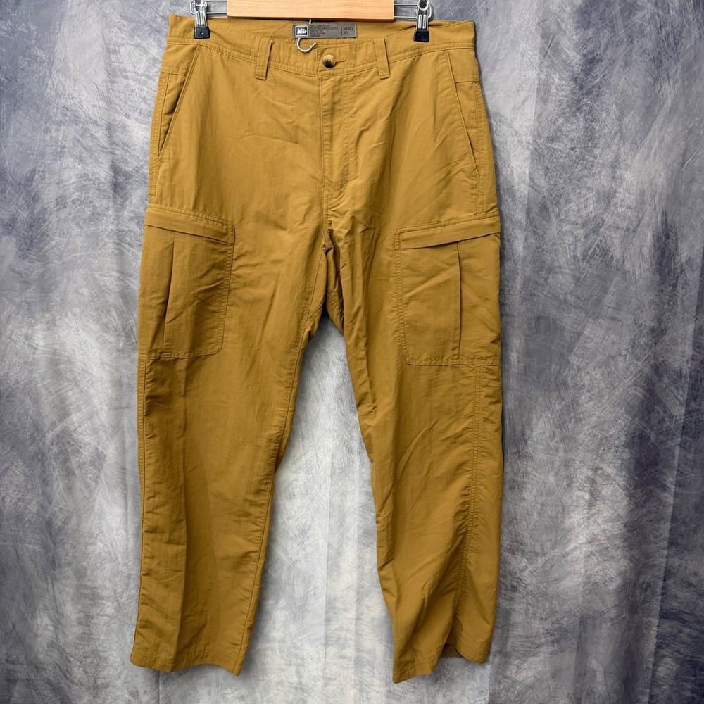 REI Co-op Mens Cargo Pants 34x30 Mustard Tan Nylon Gorpcore Hiking Outdoor